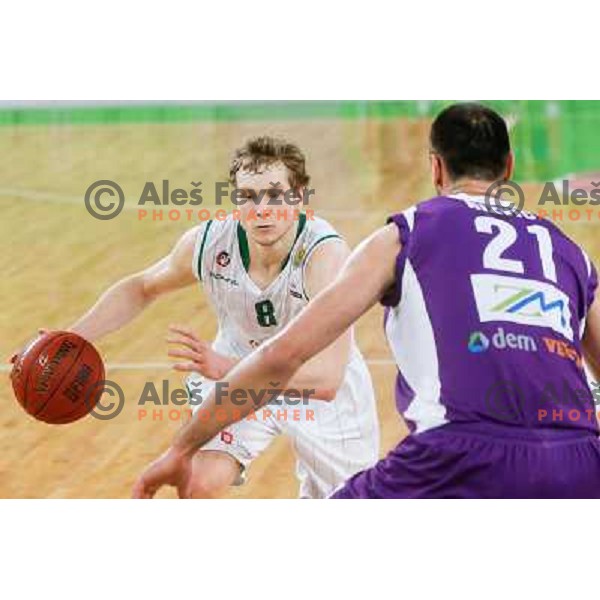 Jaka Blazic of Union Olimpija and Esmir Rizvic of Maribor Messer in action during basketball match Union Olimpija-Maribr Messer in fourth round of Telemach league, played in Arena Stozice, Ljubljana, Slovenia on April 3 ,2013 