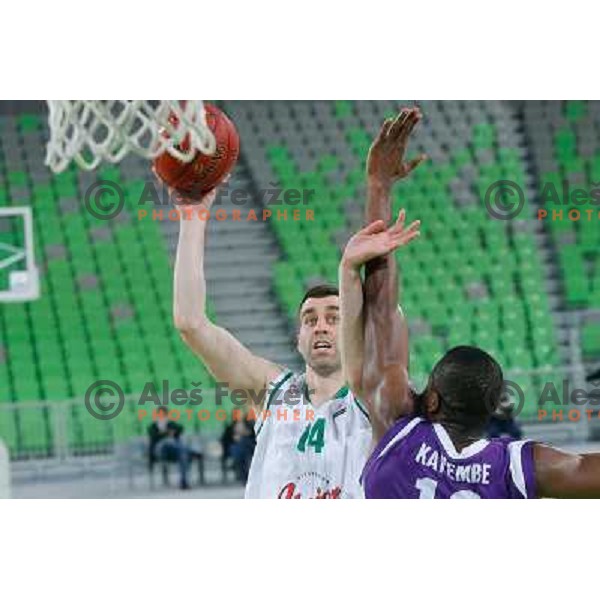 Drazen Bubnic of Union Olimpija and Ruphin Tshiabu Kayembe of Maribor Messer in action during basketball match Union Olimpija-Maribr Messer in fourth round of Telemach league, played in Arena Stozice, Ljubljana, Slovenia on April 3 ,2013 