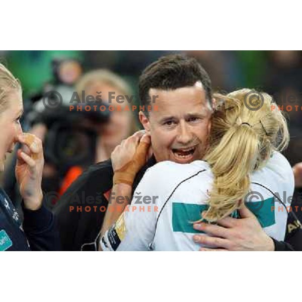 Players of Larvik celebrate victory at semi-final match of EHF Women\'s Champions league between Krim Mercator (SLO) and Larvik (NOR), played in Stozice Arena, Ljubljana, Slovenia on April 13, 2013 