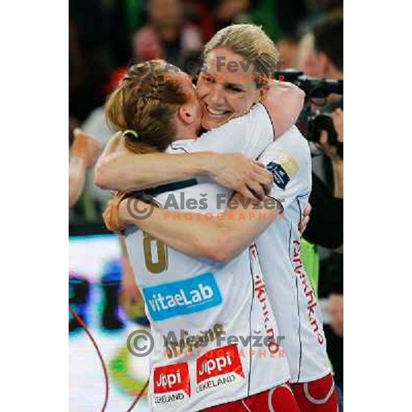 Players of Larvik celebrate victory at semi-final match of EHF Women\'s Champions league between Krim Mercator (SLO) and Larvik (NOR), played in Stozice Arena, Ljubljana, Slovenia on April 13, 2013 