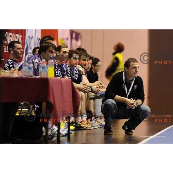 Marko Sibila and players during handball match Maribor Branik - Frisch aux Goppingen, EHF cup, played in Tabor hall, 20.4.2013, Maribor 