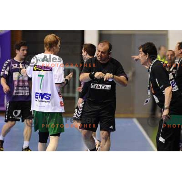 Christian Schone, referee, Velimir Petkovic during handball match Maribor Branik - Frisch aux Goppingen, EHF cup, played in Tabor hall, 20.4.2013, Maribor 