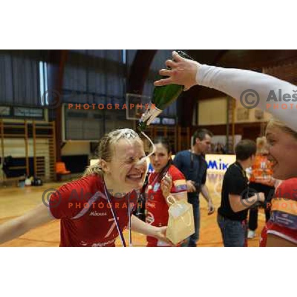 Nina Worz and Players of Krim Mercator celebrate victory in Slovenian Handball Cup, played in Galjevica hall, Ljubljana on April 21, 2013 