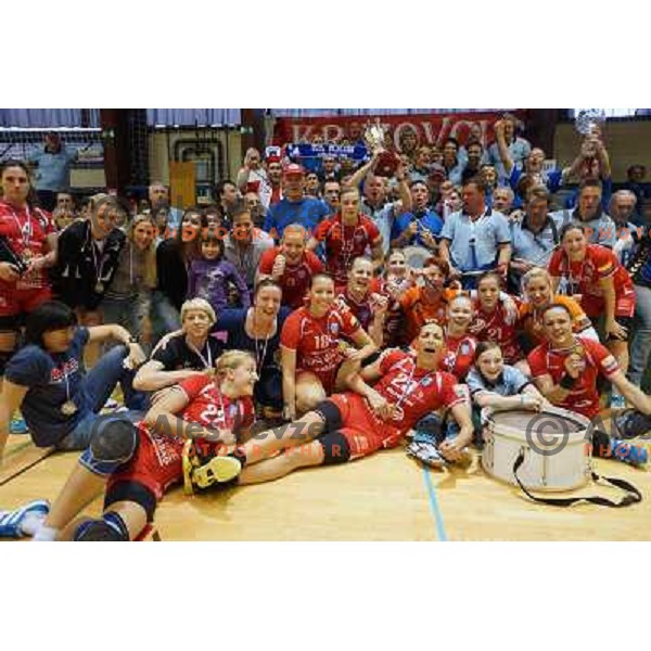 Players of Krim Mercator celebrate victory in Slovenian Handball Cup, played in Galjevica hall, Ljubljana on April 21, 2013 