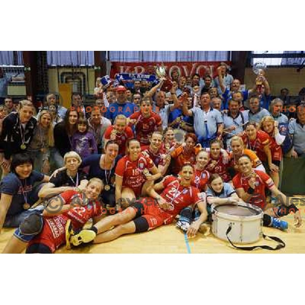 Players of Krim Mercator celebrate victory in Slovenian Handball Cup, played in Galjevica hall, Ljubljana on April 21, 2013 
