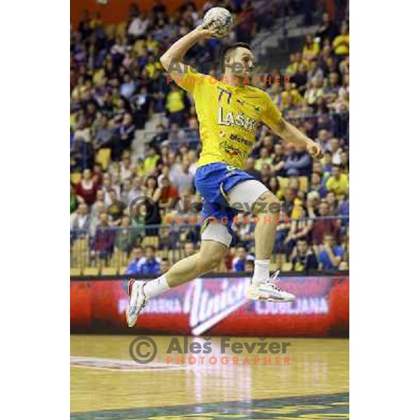 Luka Zvizej of Celje Pivovarna Lasko in action during handball match Celje PL- Gorenje in round 5 of second phase of Prva liga, played in Zlatorog Arena, Celje on April 20, 2013 