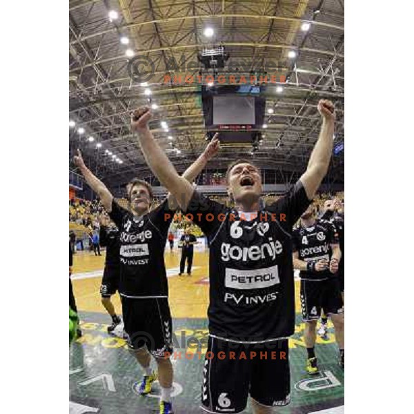 Jure Dolenec, Marko Bezjak of Gorenje in action during handball match Celje PL- Gorenje in round 5 of second phase of Prva liga, played in Zlatorog Arena, Celje on April 20, 2013 