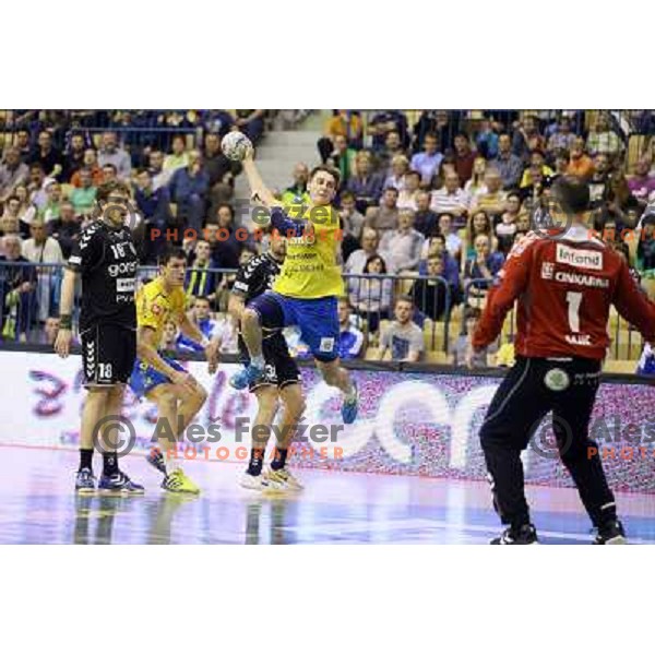 Sebastian Skube of Celje Pivovarna Lasko in action during handball match Celje PL- Gorenje in round 5 of second phase of Prva liga, played in Zlatorog Arena, Celje on April 20, 2013 