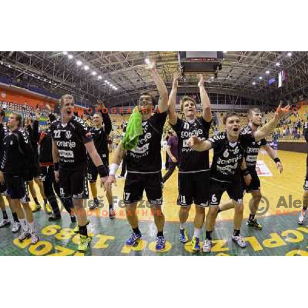 Matej Gaber, Cehte, Jure Dolenec, Marko Bezjak of Gorenje in action during handball match Celje PL- Gorenje in round 5 of second phase of Prva liga, played in Zlatorog Arena, Celje on April 20, 2013 