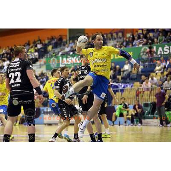 Alem Toskic of Celje Pivovarna Lasko in action during handball match Celje PL- Gorenje in round 5 of second phase of Prva liga, played in Zlatorog Arena, Celje on April 20, 2013 
