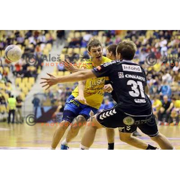 Sebastian Skube of Celje Pivovarna Lasko in action during handball match Celje PL- Gorenje in round 5 of second phase of Prva liga, played in Zlatorog Arena, Celje on April 20, 2013 