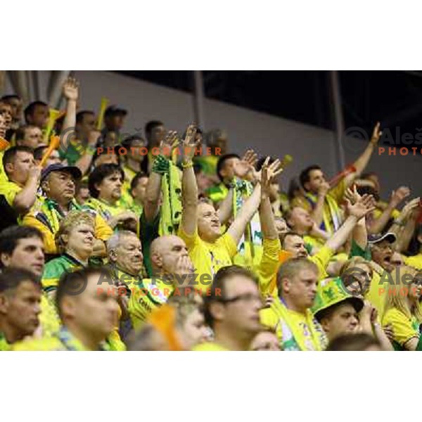 Fans of Celje Pivovarna Lasko in action during handball match Celje PL- Gorenje in round 5 of second phase of Prva liga, played in Zlatorog Arena, Celje on April 20, 2013 