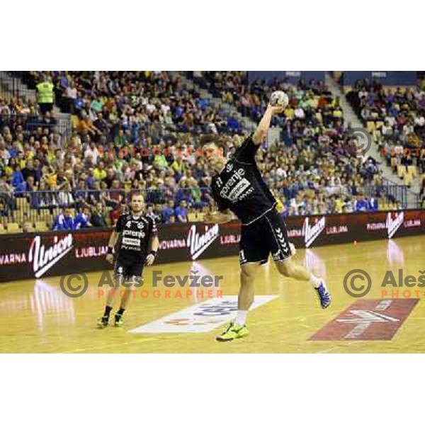 Jure Dolenec of Gorenje in action during handball match Celje PL- Gorenje in round 5 of second phase of Prva liga, played in Zlatorog Arena, Celje on April 20, 2013 