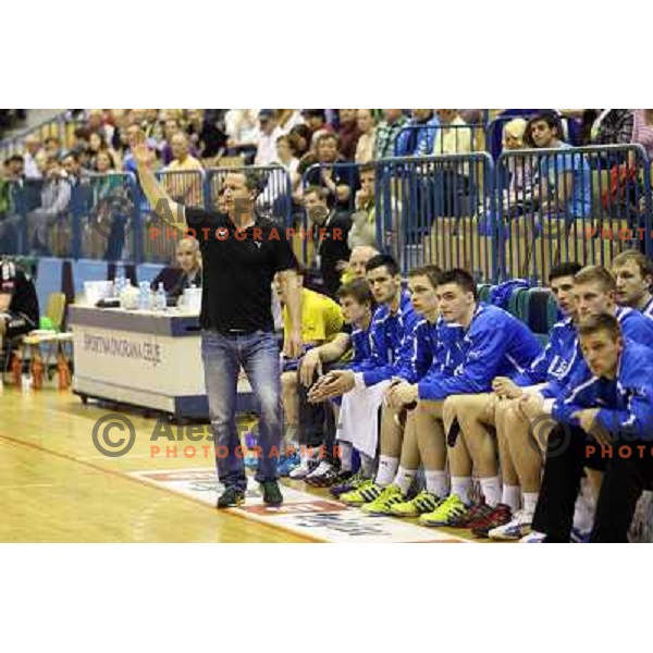 Vladan Matic, head coach of Celje Pivovarna Lasko in action during handball match Celje PL- Gorenje in round 5 of second phase of Prva liga, played in Zlatorog Arena, Celje on April 20, 2013 