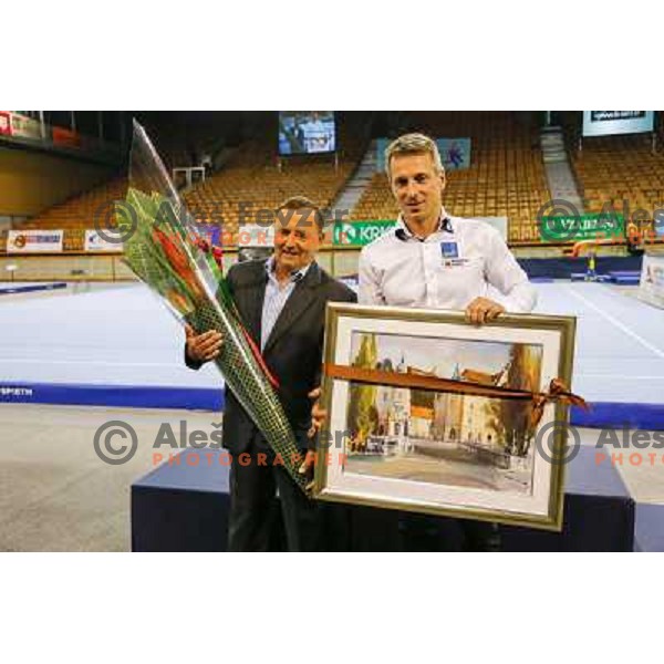 Coach Joze Mesl and Aljaz Pegan of Slovenia who finished his competitive carrier as Artistic Gymnast at World Challenge Cup in Hala Tivoli, Ljubljana, Slovenia on April 28, 2013 