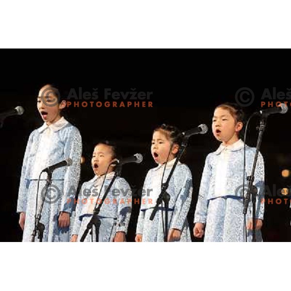 Girls singing japanese national anthemn at the opening ceremony of FIS Nordic World SKI Championships 2007 in Sapporo, Japan