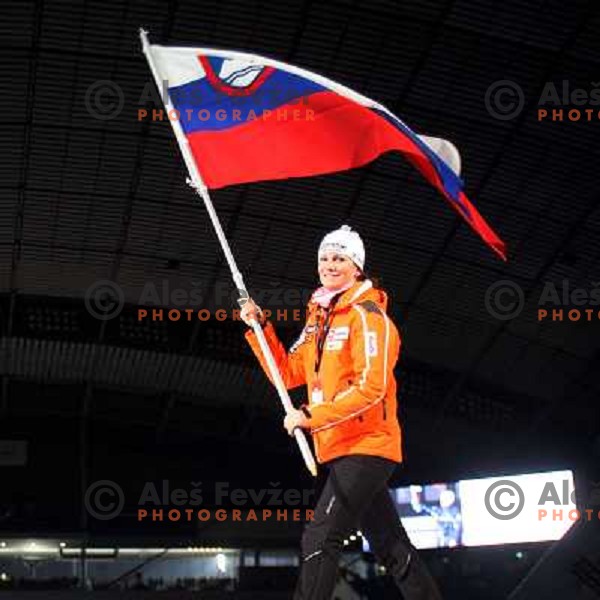 Katja Visnar carrying slovenian flag at the opening ceremony of FIS Nordic World SKI Championships 2007 in Sapporo, Japan