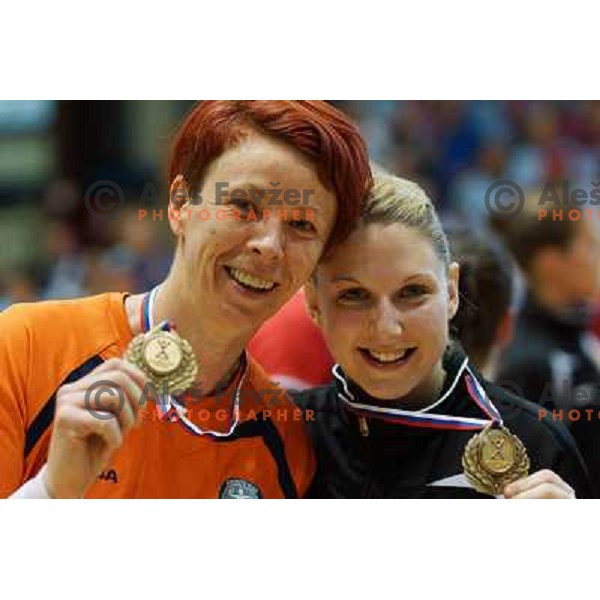 Seegeja Stefanisin , Tamara Mavsar of Krim Mercator in action in the Final of Slovenian Handball Cup between Krim Mercator and Gen I Zagorje, played in Galjevica Hall, Ljubljana on April 21, 2013 
