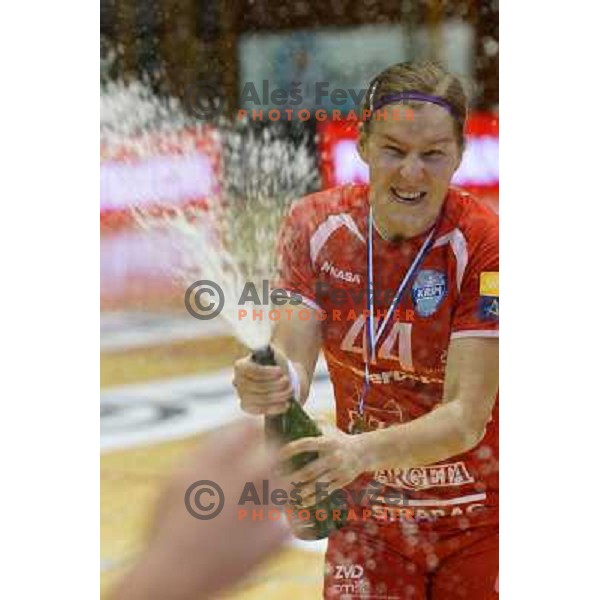 Maja Zrnec of Krim Mercator celebrates victory in the Final of Slovenian Handball Cup between Krim Mercator and Gen I Zagorje, played in Galjevica Hall, Ljubljana on April 21, 2013 