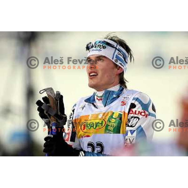 Dejan Plevnik after crossing finish line at Nordic combined 7.5km Sprint race at FIS Nordic World SKI Championships 2007 in Sapporo, Japan