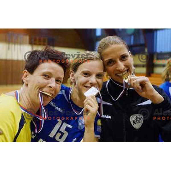 Sergeja Stefanisin and Players of Krim Mercator celebrate victory in Slovenian Handball Championships, played in Galjevica hall, Ljubljana on May 10, 2013 