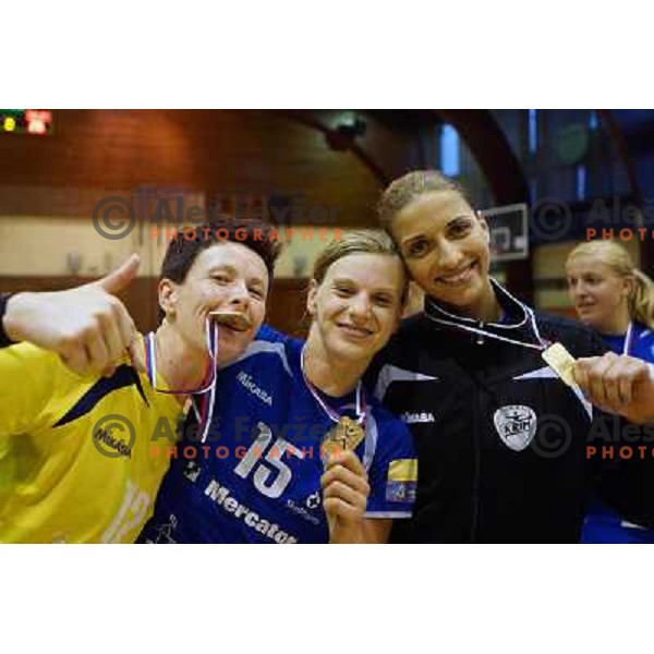 Sergeja Stefanisin and Players of Krim Mercator celebrate victory in Slovenian Handball Championships, played in Galjevica hall, Ljubljana on May 10, 2013 