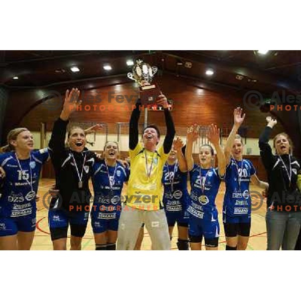 Players of Krim Mercator celebrate victory in Slovenian Handball Championships, played in Galjevica hall, Ljubljana on May 10, 2013 