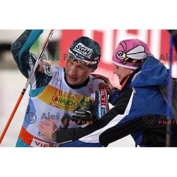 Hannu Hanninen crying after received hug from his sister at Nordic combined 7.5km Sprint race at FIS Nordic World SKI Championships 2007 in Sapporo, Japan