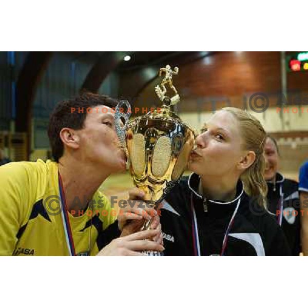 Sergeja Stefanisin and Tamara Mavsar of Krim Mercator celebrate victory in Slovenian Handball Championships, played in Galjevica hall, Ljubljana on May 10, 2013 