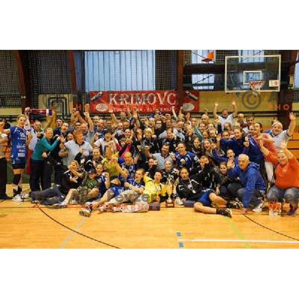 Players of Krim Mercator celebrate victory in Slovenian Handball Championships, played in Galjevica hall, Ljubljana on May 10, 2013 