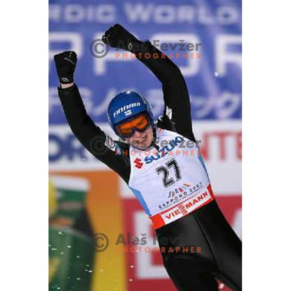 Olli Harri celebrate after second jump at Ski-jumping competition at Large Hill Okurayama (HS 134) at FIS Nordic World SKI Championships 2007 in Sapporo, Japan