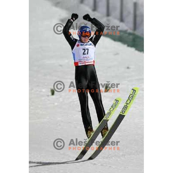 Olli Harri celebrate after second jump at Ski-jumping competition at Large Hill Okurayama (HS 134) at FIS Nordic World SKI Championships 2007 in Sapporo, Japan