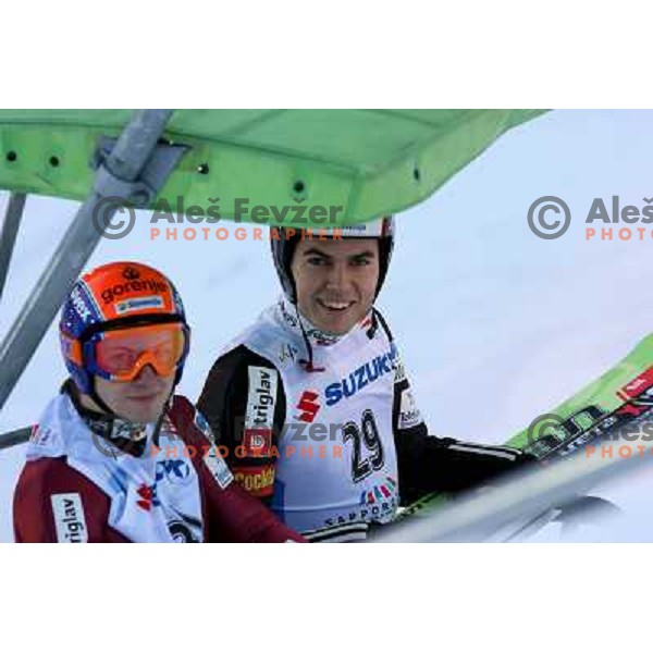 Urbanc (left) and Damjan riding a chair-lift before Ski-jumping competition at Large Hill Okurayama (HS 134) at FIS Nordic World SKI Championships 2007 in Sapporo, Japan