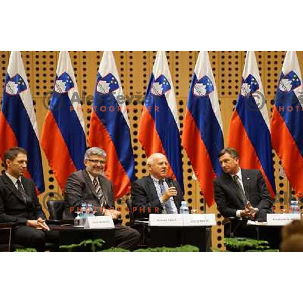Sandi Murovec, Roman Jakic, Janez Kocijancic and Borut Pahor, president of Slovenia during meeting with slovenian sportsman at Congres center Brdo pri Kranju on May 24, 2013 