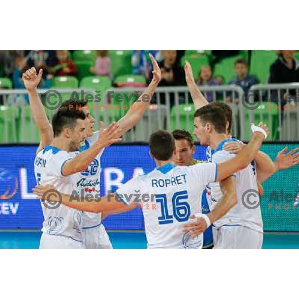 Team of Slovenia in action during volleyball match between Slovenia and Israel in 2014 FIVB World Championship Qualification played in Stozice Hall, Ljubljana, Slovenia on May 24, 2013 