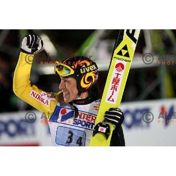 Noriaki Kasai celebrating bronze medal at team ski-jumping competition at FIS Nordic World SKI Championships 2007 in Sapporo, Japan