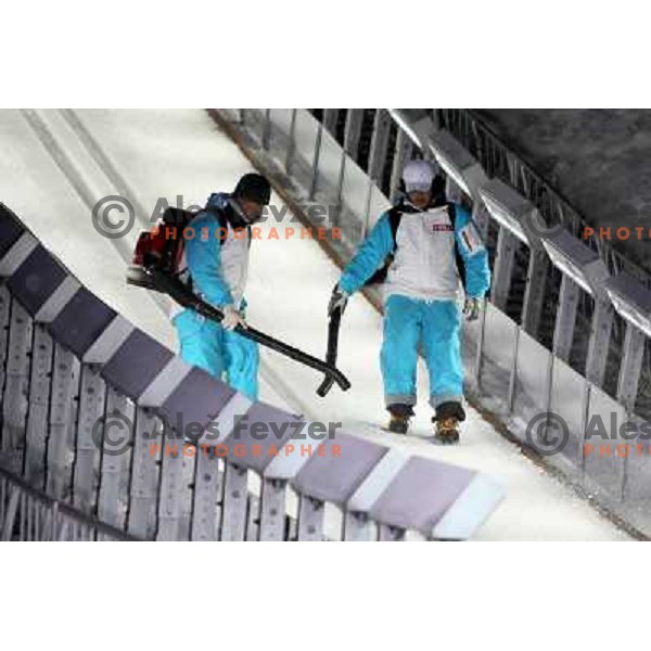 Air-cleaning the line at team ski-jumping competition at FIS Nordic World SKI Championships 2007 in Sapporo, Japan