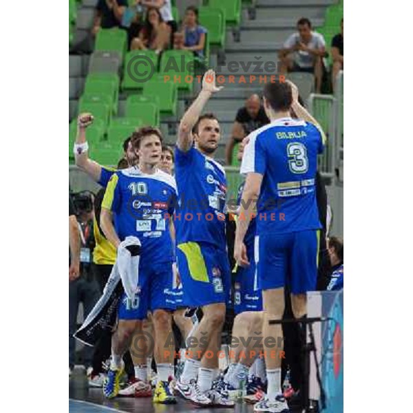 Jure Dolenec, Uros Zorman of Slovenia in action during handball match Slovenia-Belarus in last round of qualification for European Championships 2014, played in Arena Stozice, Ljubljana, Slovenia on June 16, 2013 