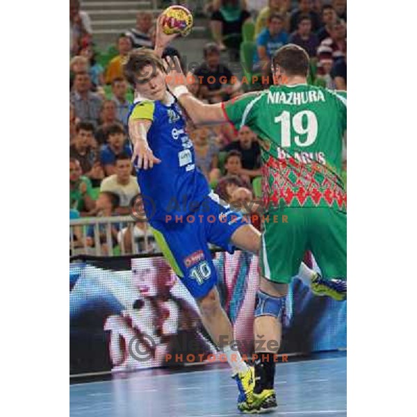 Jure Dolenec of Slovenia in action during handball match Slovenia-Belarus in last round of qualification for European Championships 2014, played in Arena Stozice, Ljubljana, Slovenia on June 16, 2013 