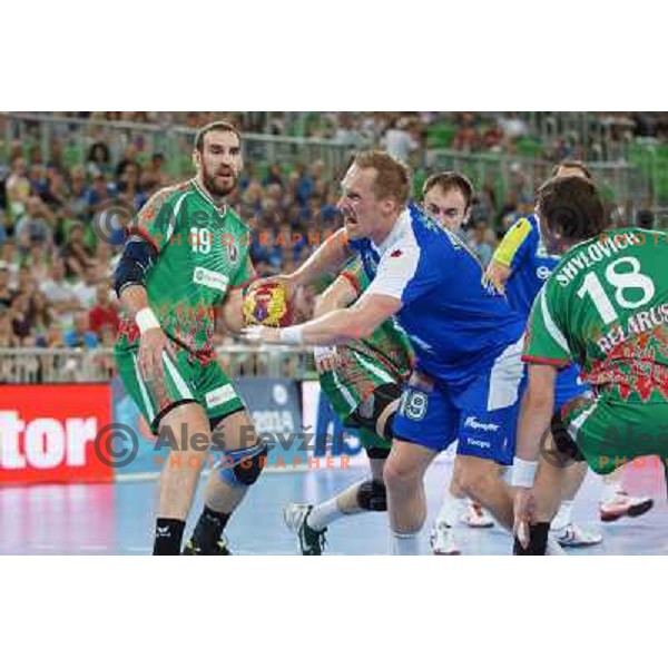 Matej Gaber of Slovenia in action during handball match Slovenia-Belarus in last round of qualification for European Championships 2014, played in Arena Stozice, Ljubljana, Slovenia on June 16, 2013 