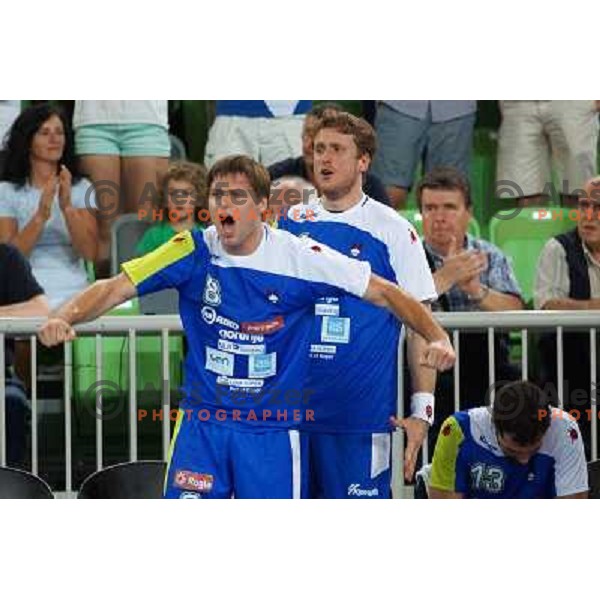 Marko Bezjak, David Miklavcic of Slovenia during handball match Slovenia-Belarus in last round of qualification for European Championship 2014, played in Stozice Arena, Ljubljana, Slovenia on June 16, 2013 