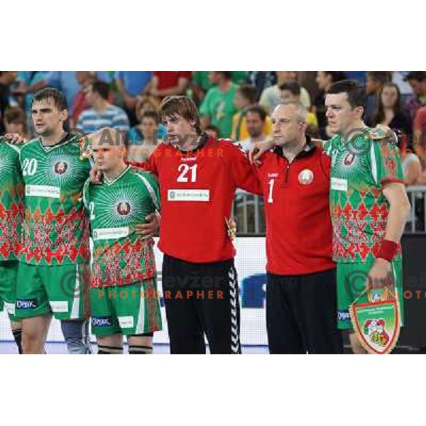 Players of Belarus during handball match Slovenia-Belarus in last round of qualification for European Championship 2014, played in Stozice Arena, Ljubljana, Slovenia on June 16, 2013 