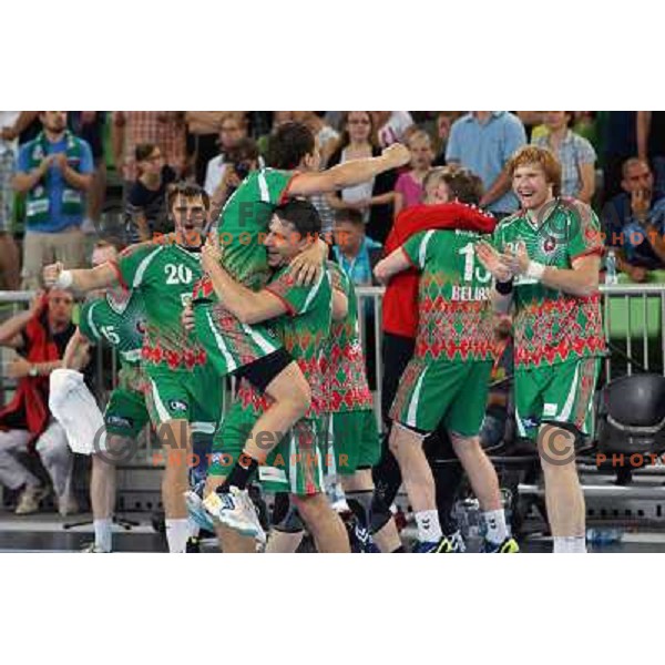 Players of Belarus celebrate victory during handball match Slovenia-Belarus in last round of qualification for European Championship 2014, played in Stozice Arena, Ljubljana, Slovenia on June 16, 2013 