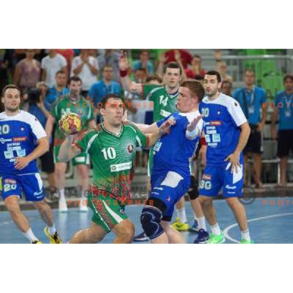 Barys Pukhouski of Belarus and Matej Gaber of Slovenia during handball match Slovenia-Belarus in last round of qualification for European Championship 2014, played in Stozice Arena, Ljubljana, Slovenia on June 16, 2013 