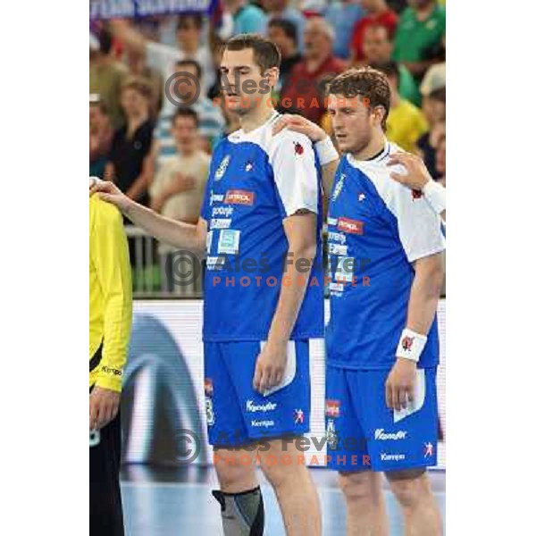 Nenad Bilbija, David Miklavcic of Slovenia during handball match Slovenia-Belarus in last round of qualification for European Championship 2014, played in Stozice Arena, Ljubljana, Slovenia on June 16, 2013 