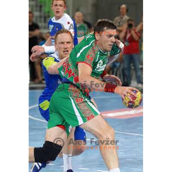 Sergey Rutenka of Belarus and Miha Zvizej during handball match Slovenia-Belarus in last round of qualification for European Championship 2014, played in Stozice Arena, Ljubljana, Slovenia on June 16, 2013 