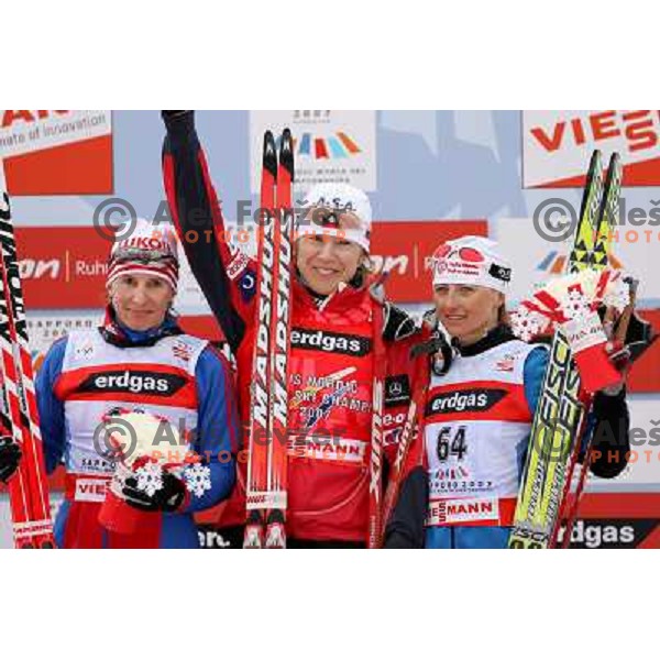 Savialova, Neumannova and Follis after Cross-country Ladies 10 km free at FIS Nordic Ski WC Sapporo, Hokaido, Japan