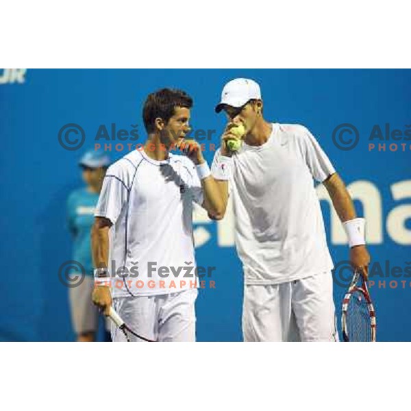 Aljaz Bedene and Blaz Rola of Slovenia in action during doubles first round of Tilia Slovenia Open- ATP Challenger tour, played in SRC Marina, Portoroz, Slovenia on July 2, 2013 