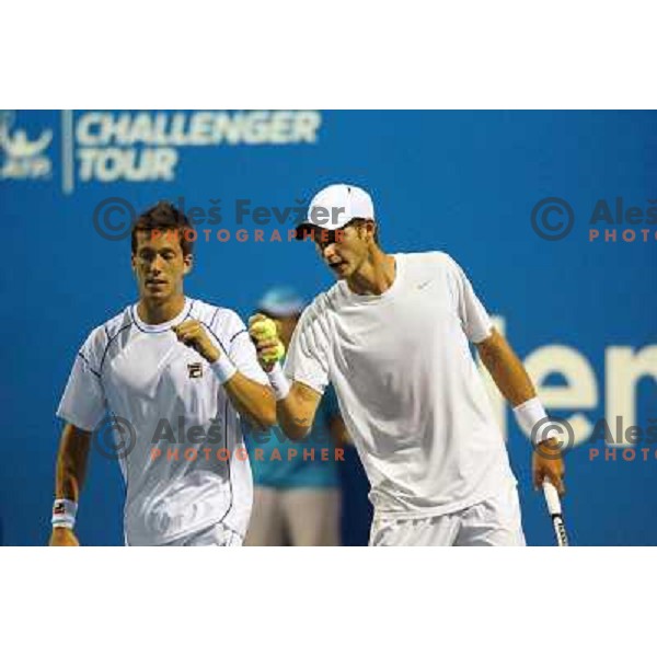 Aljaz Bedene and Blaz Rola of Slovenia in action during doubles first round of Tilia Slovenia Open- ATP Challenger tour, played in SRC Marina, Portoroz, Slovenia on July 2, 2013 