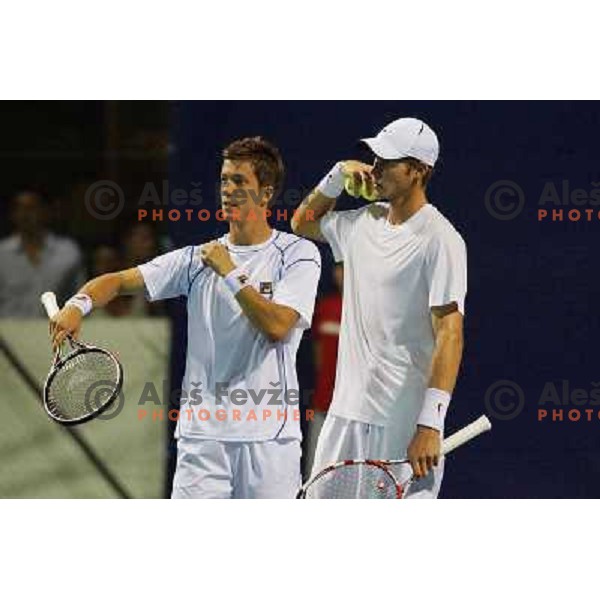 Aljaz Bedene and Blaz Rola of Slovenia in action during doubles first round of Tilia Slovenia Open- ATP Challenger tour, played in SRC Marina, Portoroz, Slovenia on July 2, 2013 
